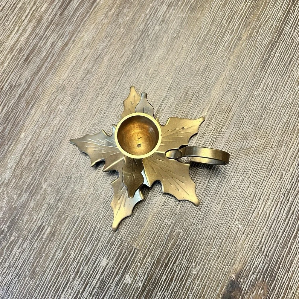 Vtg Solid Brass Leaf Shaped‎ Tapered Candle Holder Christmas - India Archana